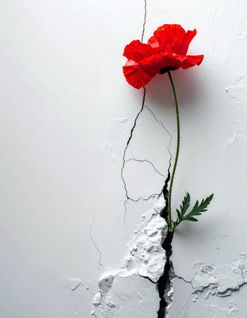 Against all odds, a single, vibrant red poppy emerges from a deep crack in a stark white wall. This powerful image symbolizes resilience, hope, and the undeniable force of life to find a way, representing strength in the face of adversity and the beauty of a new beginning.の素材