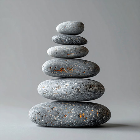 A carefully constructed tower of smooth, gray stones stands in perfect equilibrium against a neutral background. Each pebble is precisely placed, creating a powerful symbol of balance, patience, and inner peace, ideal for concepts of mindfulness, wellness, and stability.の素材