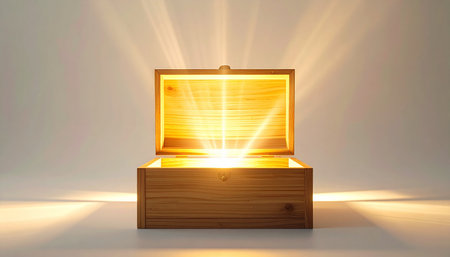 An old wooden box is opened, revealing not gold or jewels, but a brilliant, divine light. It represents the discovery of a powerful idea, a profound secret, or the unleashing of hope and potential into the world.の素材