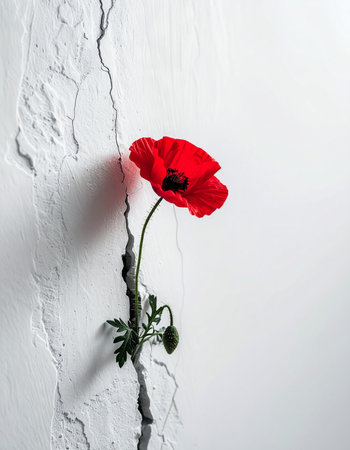 A single, vibrant red poppy emerges from a deep crack in a stark white wall, a powerful symbol of resilience, hope, and the enduring strength of life against all odds. This minimalist image captures the beauty of growth in adversity and overcoming obstacles.の素材