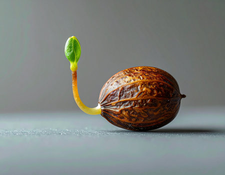 From a dormant state, a single seed bursts forth with vibrant green life. This macro shot captures the powerful moment of germination, symbolizing new beginnings, potential, and the start of a great idea or journey against a clean, minimalist background.の素材