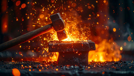 In the heart of a traditional workshop, a blacksmiths hammer strikes glowing hot iron on an anvil. A brilliant explosion of sparks illuminates the darkness, capturing a moment of intense creation, raw power, and timeless craftsmanship. This image embodies the spirit of hard work, skill, and the art of transforming metal through fire and force.の素材