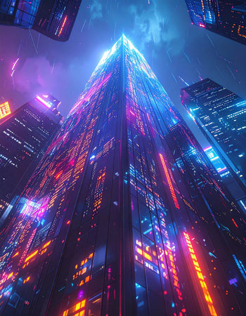 A low-angle view captures the immense scale of a futuristic skyscraper, its glass facade reflecting a dazzling array of neon lights. This is the heart of a cyberpunk metropolis, a symbol of technological ambition and relentless energy reaching for the night sky.の素材