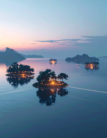 As twilight paints the sky in soft pastels, tiny, illuminated islands float on a perfectly still sea. Each private sanctuary offers a tranquil escape, reflecting its warm glow onto the glass-like water, creating a scene of serene luxury and magical solitude.の素材