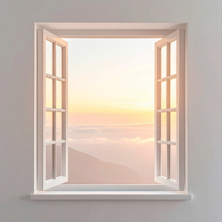 Through an open window, the soft, warm light of a new day spills in, revealing a tranquil beach and a calm ocean. This view offers a moment of peace, a quiet invitation to embrace the days potential and the beauty of a fresh start.の素材