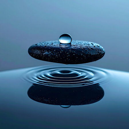 In a moment of impossible stillness, a single drop of water rests perfectly on a levitating stone. Below, gentle ripples spread across the calm blue surface, a quiet testament to the delicate balance between nature, gravity, and tranquility. This image captures a feeling of pure focus, mindfulness, and serene harmony.の素材
