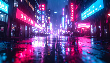 Rain slicks the pavement of a futuristic metropolis, creating a dazzling mirror of pink and blue neon signs. Silhouettes move through the vibrant, electric glow, part of the citys unending nightlife in a cyberpunk world.の素材