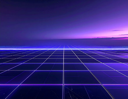 A glowing neon grid stretches towards an infinite digital horizon under a vibrant purple and pink sunset. This retro-futuristic landscape evokes a sense of speed and nostalgia, perfect for concepts of virtual reality, cyberspace, and the digital frontier.の素材