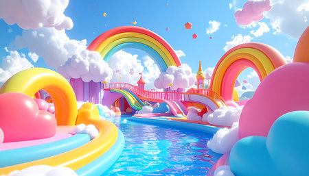 Step into a vibrant dreamscape where candy-colored slides twist through fluffy clouds and rainbows arch over crystal-clear pools. This magical water park is a whimsical wonderland, a perfect escape into a world of pure imagination, joy, and endless summer fun.の素材