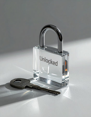 A transparent padlock, clearly marked Unlocked, rests beside its key in a stark, minimalist setting. The dramatic lighting casts long shadows, highlighting the moment a solution is found, granting access, freedom, and new opportunities. This image symbolizes clarity, breakthrough, and the power of finding the right answer to a complex problem.の素材