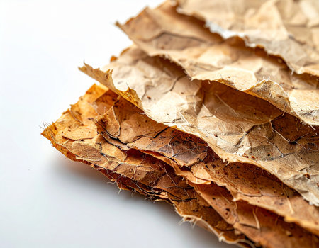 A close-up view reveals the rich, earthy texture of sun-cured tobacco leaves. Stacked neatly, each leaf tells a story of cultivation and tradition, ready for the art of cigar making or pipe blending.の素材