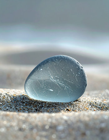 A single piece of sea glass, smoothed and shaped by the relentless tide, rests like a forgotten jewel on the soft sand. This macro shot captures the quiet beauty and patient transformation of a simple object into a natural treasure, evoking a sense of calm, discovery, and the serene passage of time at the shoreline.の素材