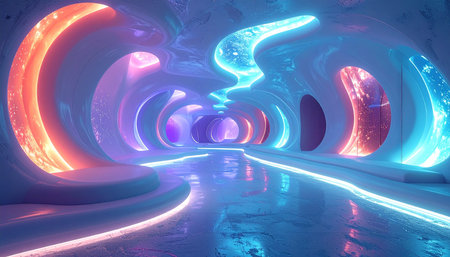 Step into a vibrant, otherworldly passage where streams of neon energy flow along curved, organic walls. This futuristic corridor represents a journey through the metaverse, a high-speed data stream, or a portal to another dimension, perfect for concepts of technology, innovation, and the digital future.の素材