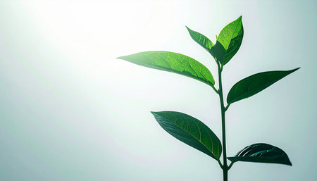 A delicate young sapling with vibrant green leaves reaches towards a bright, hopeful light. This minimalist image symbolizes new beginnings, growth, and the pure potential of nature, perfect for concepts of sustainability and optimism.の素材