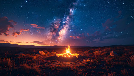 A solitary campfire crackles warmly in the vast, quiet wilderness, its golden flames reaching up towards a breathtaking celestial display. Above, the Milky Way galaxy paints the deep night sky with cosmic colors, inviting a moment of peaceful contemplation and wonder under the stars.の素材