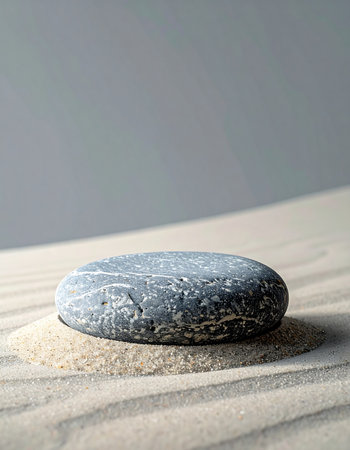 A single, smooth grey stone rests peacefully on a bed of finely rippled sand, creating a natural podium. The minimalist composition and soft light evoke a sense of calm, balance, and zen-like tranquility, perfect for showcasing a product or conveying concepts of stability and wellness.の素材