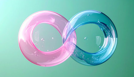 Two glossy, transparent rings, one pink and one blue, interlock to form a symbol of infinity. This elegant 3D rendering on a soft green background visualizes concepts of eternal connection, partnership, and endless cycles. Its a modern metaphor for unity, balance, and continuous flow.の素材
