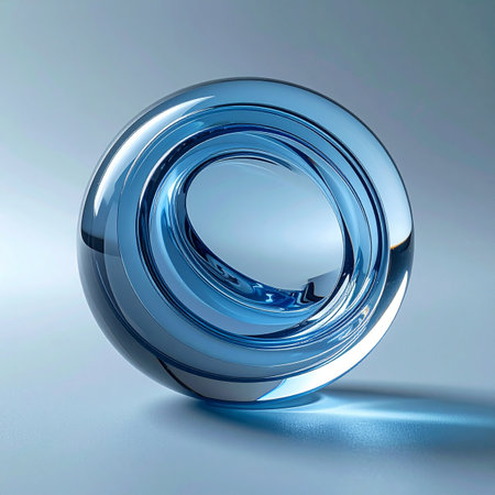 A beautifully crafted blue glass orb captures a moment of fluid motion, its internal swirl creating a mesmerizing vortex. This elegant object symbolizes clarity, focus, and the continuous flow of ideas, perfect for concepts of innovation and modern design.の素材