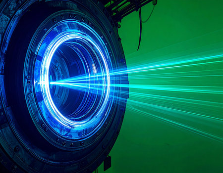 A powerful burst of green laser light erupts from the core of a futuristic fusion reactor, symbolizing a breakthrough in clean energy and advanced physics. This image captures the moment of discovery and the immense potential of future technology.の素材