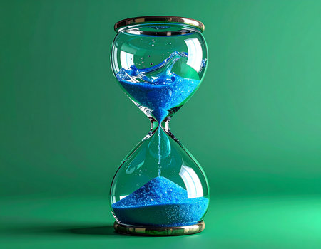 An elegant hourglass with vibrant blue sand marks the passage of time against a solid green background. The sand splashes like water, symbolizing the fluid and sometimes turbulent nature of deadlines, processes, and the relentless march of moments.の素材