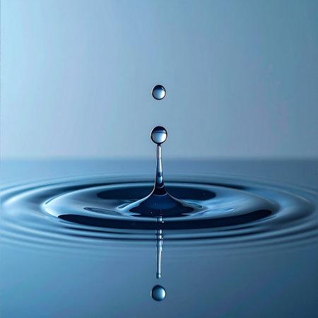 A single drop of pure water falls into a calm blue surface, creating a perfect crown splash and sending out concentric ripples. This image captures a moment of tranquility and the beautiful physics of motion, symbolizing clarity, potential, and cause and effect.の素材
