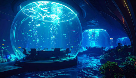 Visitors gaze in awe at a stunning bioluminescent marine exhibit in a futuristic deep-sea facility. The glowing creatures create a magical, otherworldly spectacle, representing a new frontier in marine biology and exploration.の素材