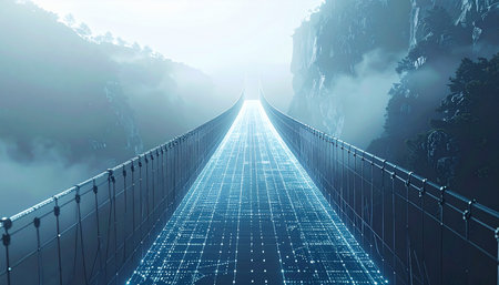 A glowing digital bridge cuts through a misty, natural landscape, leading towards a bright, unknown future. This pathway represents the journey of technological innovation, data connection, and the transition into a world of digital possibilities.の素材