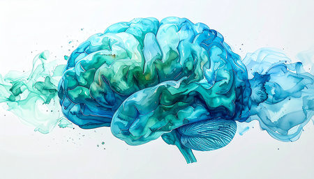 A vibrant representation of the human mind where thoughts and ideas flow like ink in water. This abstract image captures the essence of creativity, consciousness, and the complex processes of brainstorming and innovation, set against a clean white background.の素材