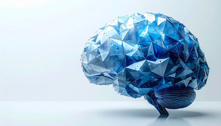 A striking 3D rendering of a human brain, crafted from blue crystalline polygons. This image represents the convergence of human intelligence and artificial intelligence, symbolizing concepts like digital transformation, complex data processing, and the future of technology and neuroscience.の素材