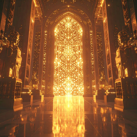 Step into a forgotten sanctuary where history and divinity converge. A majestic hall, lined with silent guardians, leads to a luminous gateway that pulses with ethereal golden energy, hinting at the promise of a world beyond.の素材