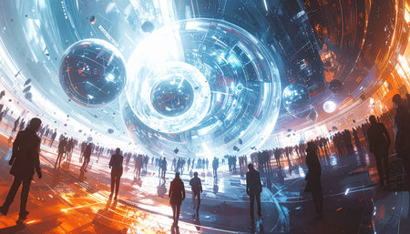 A diverse crowd of silhouetted figures gathers in a vast, futuristic hall, their attention captivated by a colossal, glowing celestial gateway. Rings of brilliant blue and white light pulse from the core, promising a journey into a new digital universe of infinite possibilities.の素材