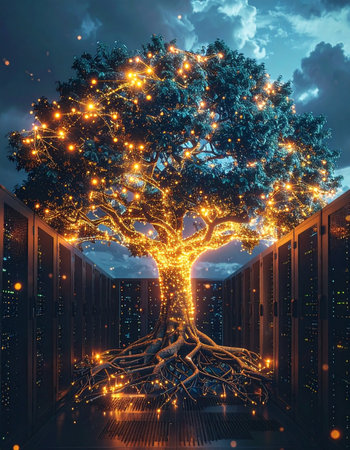 In the heart of a futuristic data center, a mystical tree glows with the light of pure information. Its roots intertwine with server racks, symbolizing the powerful and organic growth of technology, cloud computing, and the interconnected global network. This image represents the fusion of natures wisdom with digital innovation.の素材