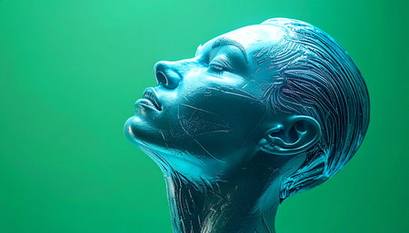 In a moment of quiet processing, a futuristic android tilts its head back, lost in a digital dream. This high-tech cyborg, with its liquid metal skin, represents the serene intersection of humanity and artificial intelligence, a symbol of future innovation and consciousness.の素材