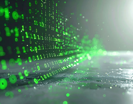 Streams of glowing green binary code cascade through a digital landscape, representing the constant and rapid flow of information in the modern world. This abstract visual symbolizes concepts like big data, artificial intelligence, and the complex systems that power our interconnected society.の素材