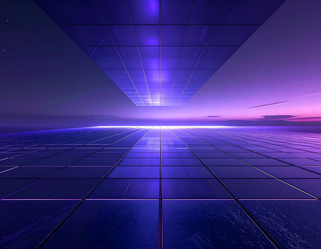 An expansive digital landscape stretches towards a glowing purple horizon, representing the dawn of a new technological era. The reflective grid floor suggests infinite possibilities and the seamless flow of data in a virtual reality or metaverse environment.の素材