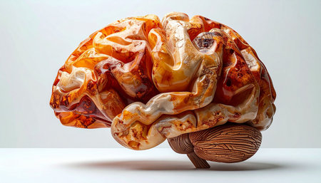 A stunning sculpture of the human brain crafted from a polished, amber-like crystal. This conceptual image represents the precious and complex nature of intelligence, consciousness, and the intricate workings of the mind, symbolizing innovation and the value of knowledge.の素材