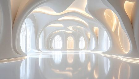 Step into a serene and luminous corridor of the future. The glossy, reflective floors and organically curved walls create a sense of infinite possibility and clean, advanced technology. This is a space designed for innovation, a tranquil gateway to what comes next.の素材