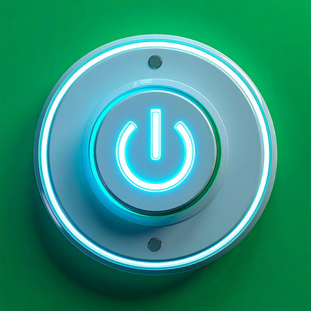 Ready for action, a futuristic power button glows with a vibrant blue neon light, inviting a user to activate a system, launch an idea, or begin a new digital journey. The green background adds a sense of go or sustainable energy.の素材