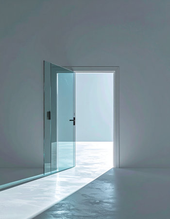 An open glass door stands ajar in a minimalist, empty room, inviting entry. Bright, hopeful light pours through the doorway, casting a long shadow across the polished floor, symbolizing a new beginning, a fresh start, and the endless possibilities that lie ahead.の素材