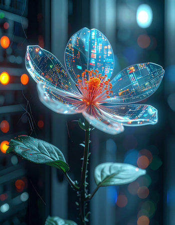 In the heart of a bustling data center, a unique lifeform emerges. A luminous flower, its petals etched with intricate circuits, glows with the power of pure information. This image symbolizes the beautiful and harmonious fusion of nature and advanced technology, representing concepts of digital growth, innovation, and the future of artificial intelligence.の素材