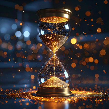 In a magical display, a vintage hourglass measures the passage of time not with sand, but with sparkling golden glitter. Each falling particle represents a precious, fleeting moment, set against a backdrop of enchanting bokeh lights, symbolizing opportunity, deadlines, and the invaluable nature of time itself.の素材