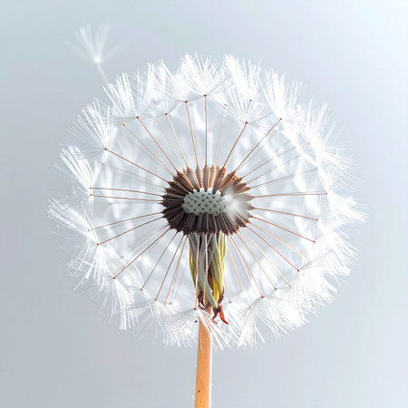 A delicate dandelion clock stands poised against a serene, pale background. Each tiny seed, a parachute carrying a future promise, is ready to be carried away by the slightest breeze, symbolizing new beginnings, wishes taking flight, and the beautiful, transient nature of life.の素材