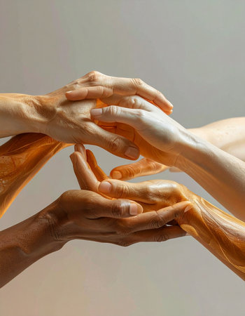 In a display of profound unity, a diverse group of hands come together, intertwining in a gesture of mutual support and shared humanity. Bathed in a warm, golden light, this powerful image symbolizes community, trust, and the strength found in connection, telling a story of collaboration and collective hope.の素材
