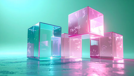 A cluster of iridescent glass cubes glows with ethereal neon light against a serene teal background. Their transparent forms refract and reflect light, creating a futuristic and minimalist composition that evokes concepts of data, innovation, and the elegant structure of new technology.の素材