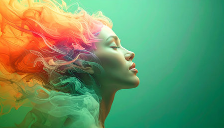 A serene womans profile emerges from a tranquil green background, her hair a vibrant explosion of colorful smoke. This surreal and artistic image represents the flow of creativity, imagination, and the depths of the subconscious mind, perfect for concepts of mental wellness, inspiration, and abstract thought.の素材