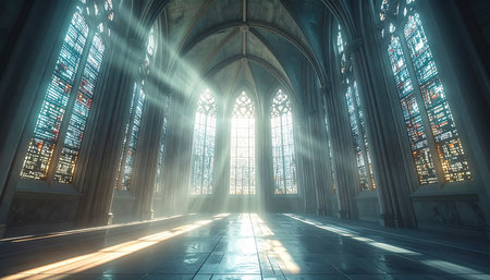 Sunlight breaks through magnificent stained glass windows, casting ethereal rays across the stone floor of a vast, empty gothic cathedral. The silent, awe-inspiring hall evokes a sense of peace, spirituality, and timeless reverence, a perfect sanctuary for contemplation and faith.の素材