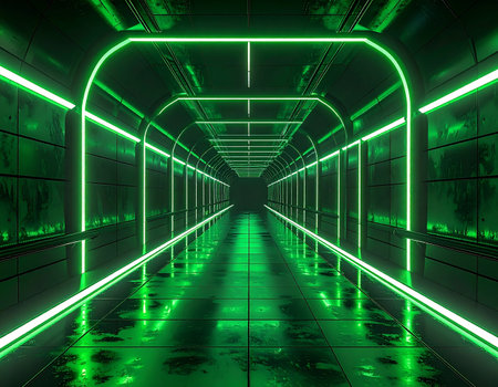 Step into a futuristic dimension through this glowing green neon corridor. The reflective, wet floor mirrors the endless path ahead, creating a sense of infinite possibility and high-tech mystery, perfect for concepts of technology and the future.の素材