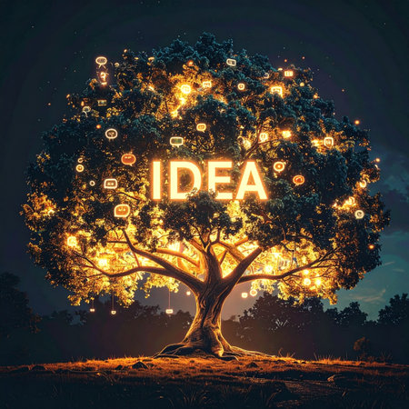 In the quiet of night, a magnificent tree illuminates the darkness, its branches bearing fruits of light. At its heart, the word IDEA glows brightly, symbolizing a moment of breakthrough, inspiration, and the fertile ground from which great concepts grow.の素材