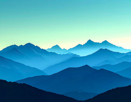 Layers of mountain silhouettes recede into a soft, misty haze, creating a serene and tranquil vista. The cool blue monochromatic palette evokes a sense of calm, peace, and the vastness of nature, inviting contemplation and a feeling of quiet solitude.の素材