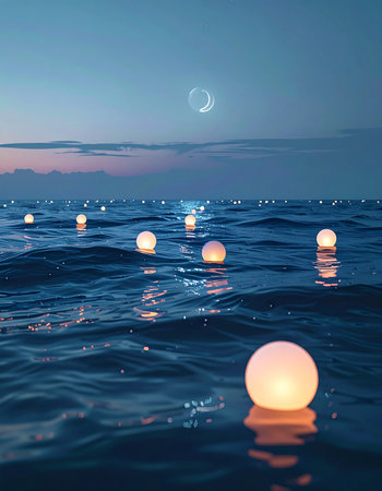 As twilight settles over the tranquil sea, dozens of luminous orbs drift gently on the waves, casting a warm, magical glow. This enchanting scene evokes a sense of peace, mystery, and wonder, as if witnessing a secret celestial event on the waters surface.の素材